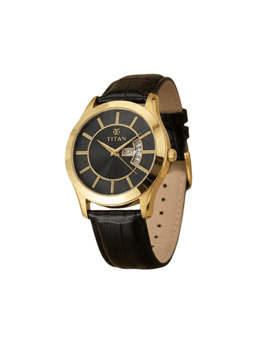 Men’s Black Leather Strap| Black Dial Gold-Tone Premium Wrist Watch