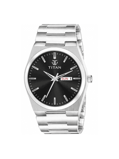 Men’s Silver Stainless Steel | Black Dial Premium Day & Date Wrist Watch